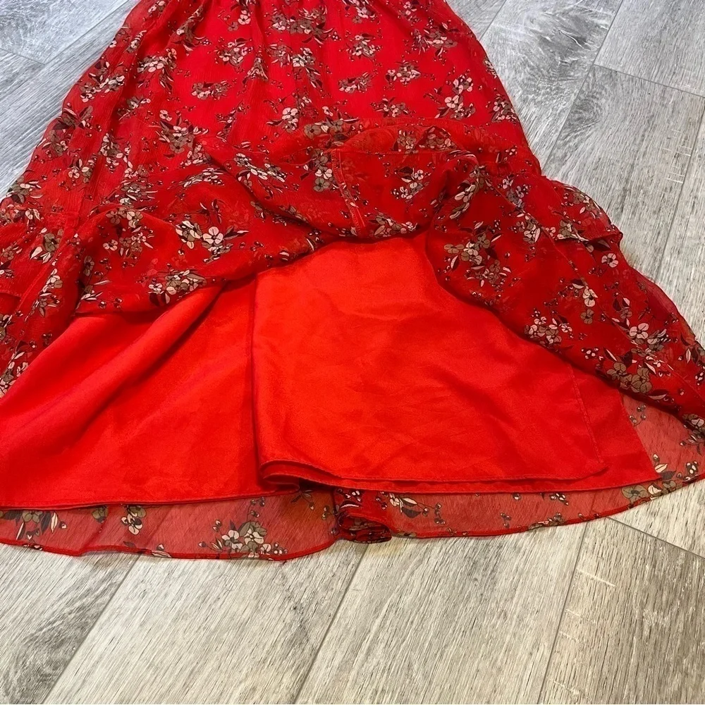 ZARA Red Floral Off The Shoulder Ruffled Tiered Chiffon Midi Dress Size XS - Picture 9 of 17